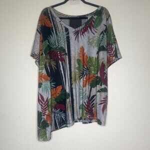 Catherines Womens Tropical Leaf Print Tunic Top 1X Plus V-Neck Asymmetrical Hem